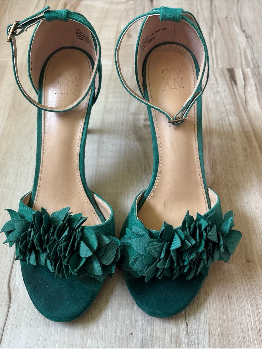 New York & Company Teal Floral Suede Ankle-Strap Heels